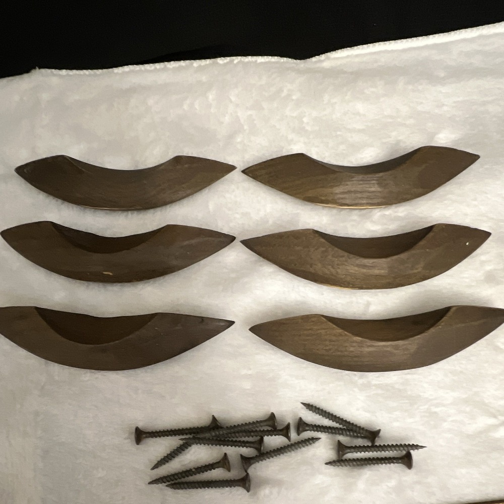 6 Mid-century Modern Style Carved Wood Drawer Pulls Bow Handles Screws Set Of 6